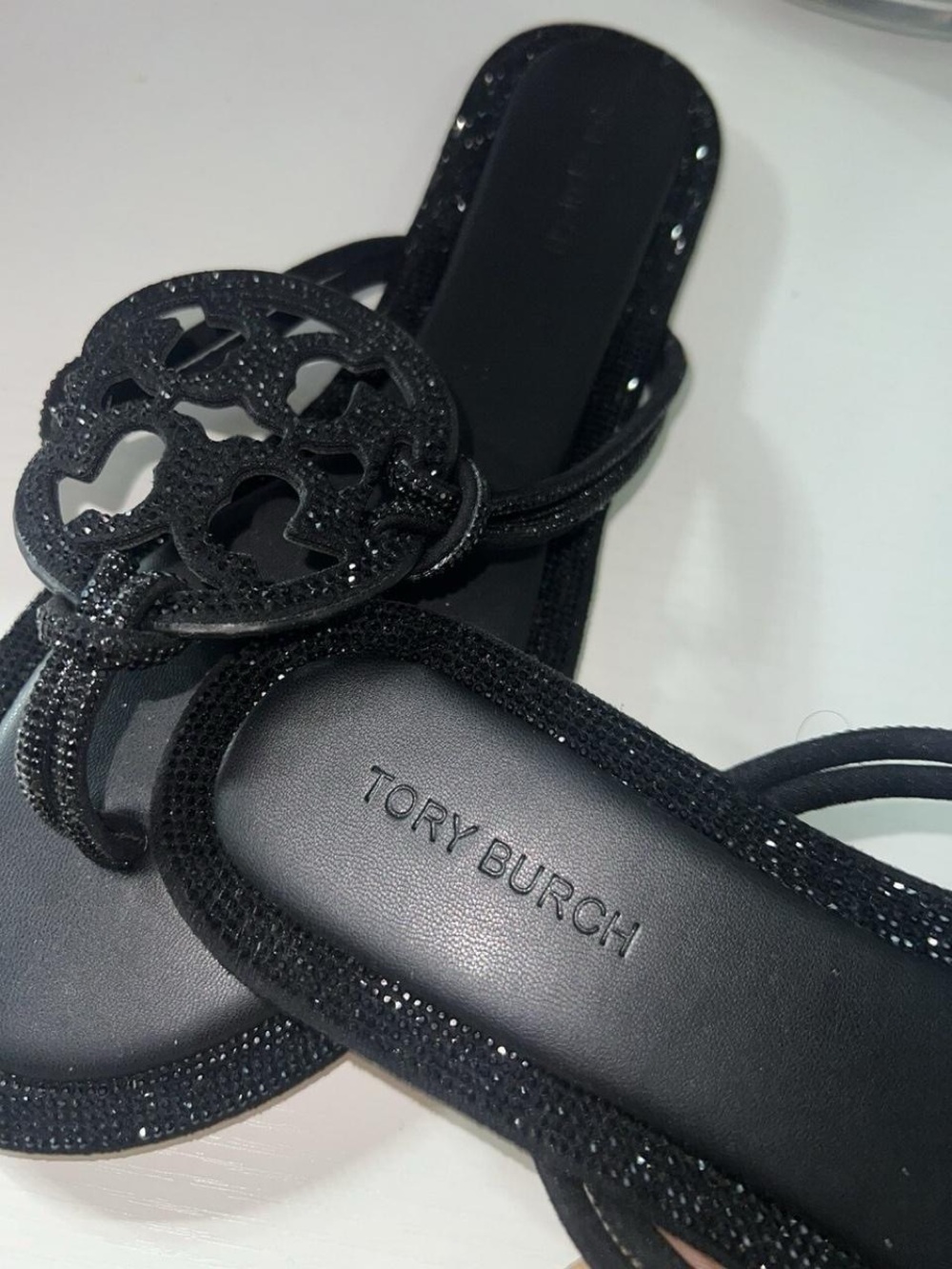 Tory Burch Black Glitter Miller Logo Slide Sandals